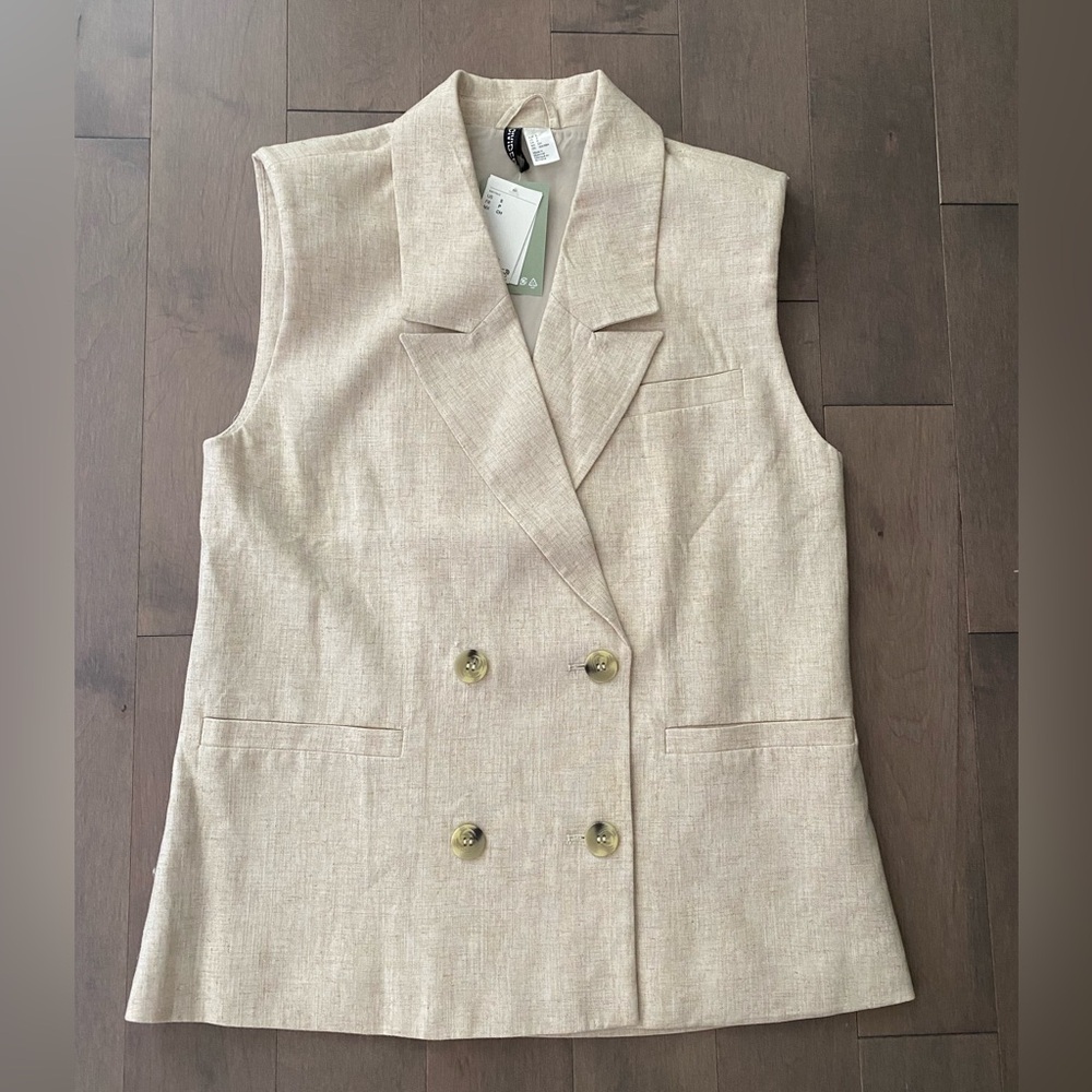 New H&M Linen Blend Sleeveless Double Breasted Button Front Jacket vest Sz Small